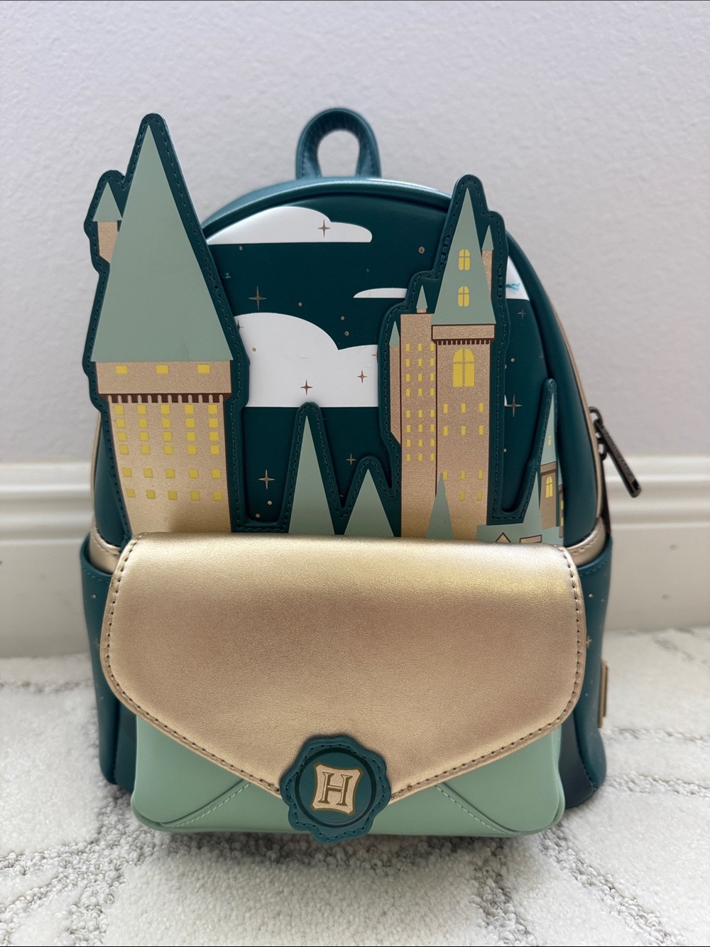 Loungefly Teal & Gold Castle Mini Backpack